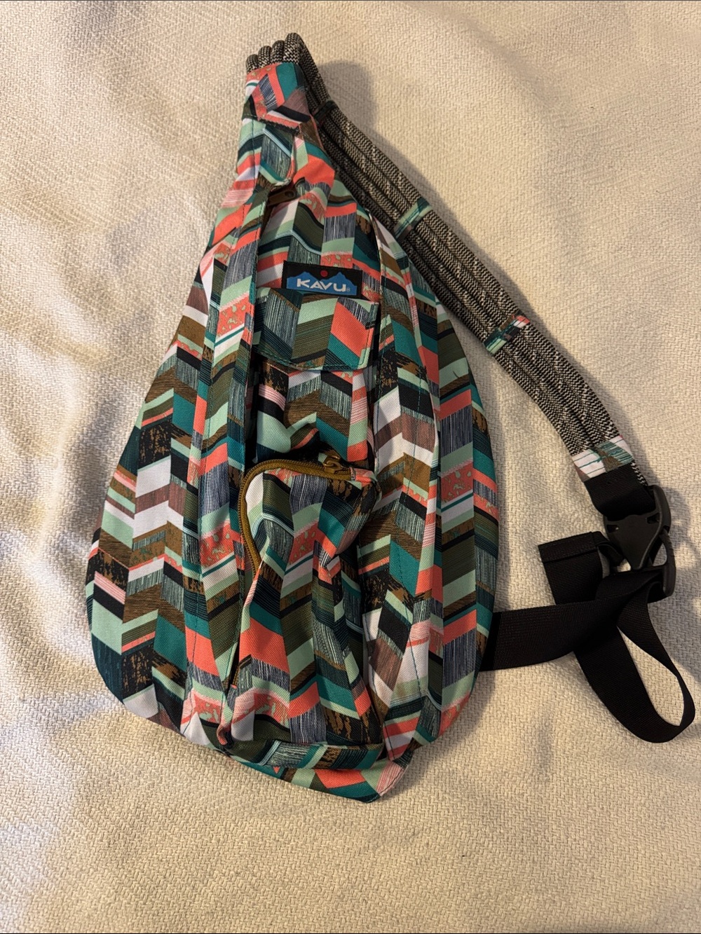 Kavu Teal Multi Chevron Sling Bag with Coral and Brown Accents